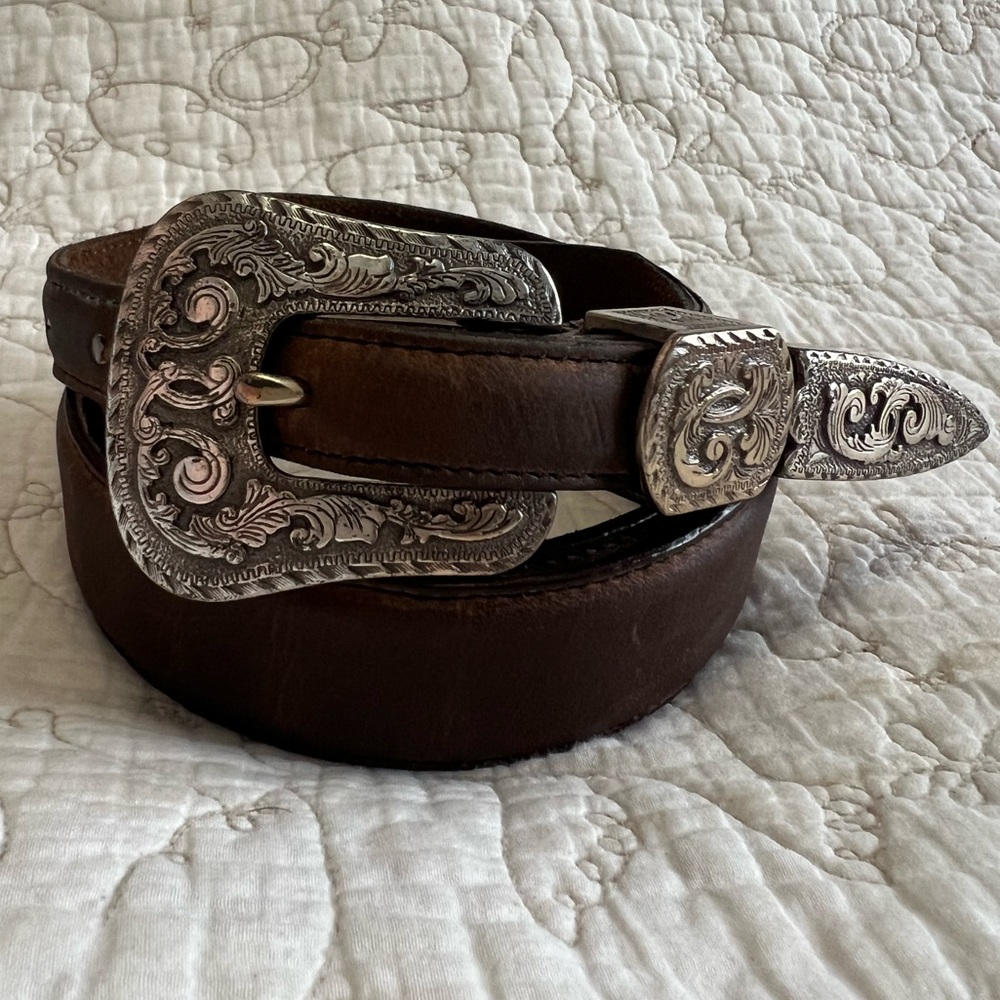 Justin vintage cowhide leather belt with fancy silver buckle